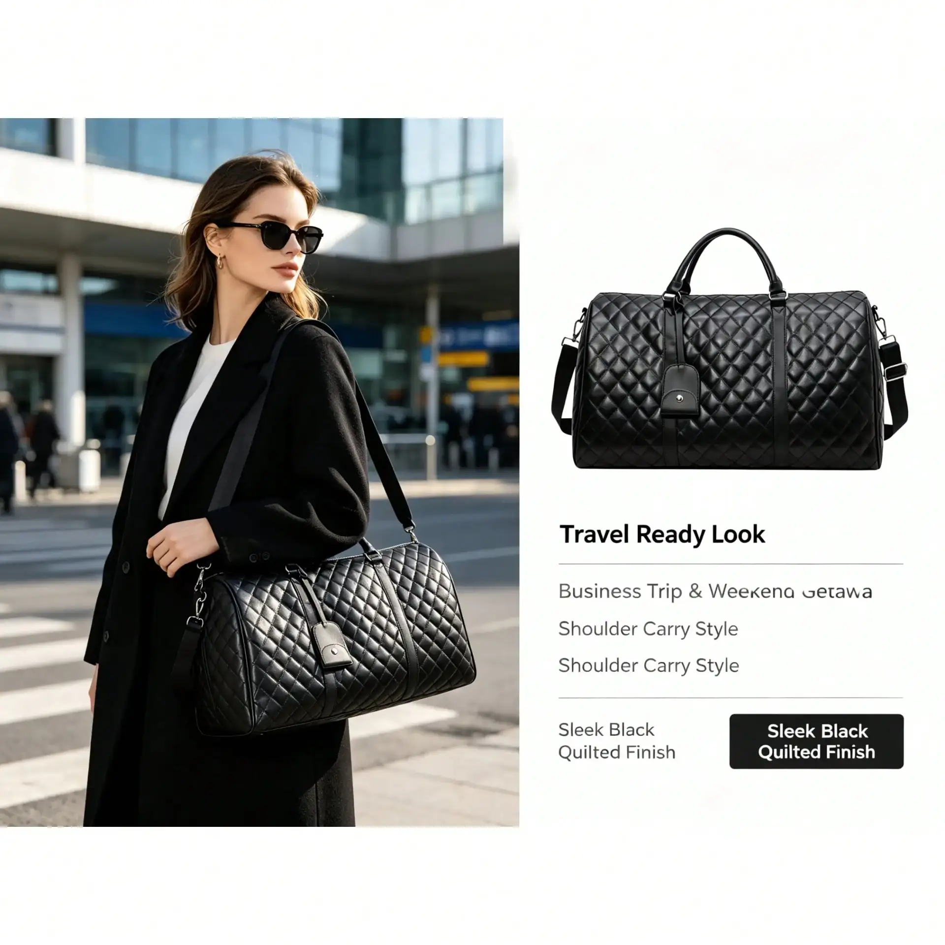Black travel duffle bag shown being carried for weekend and overnight trips
