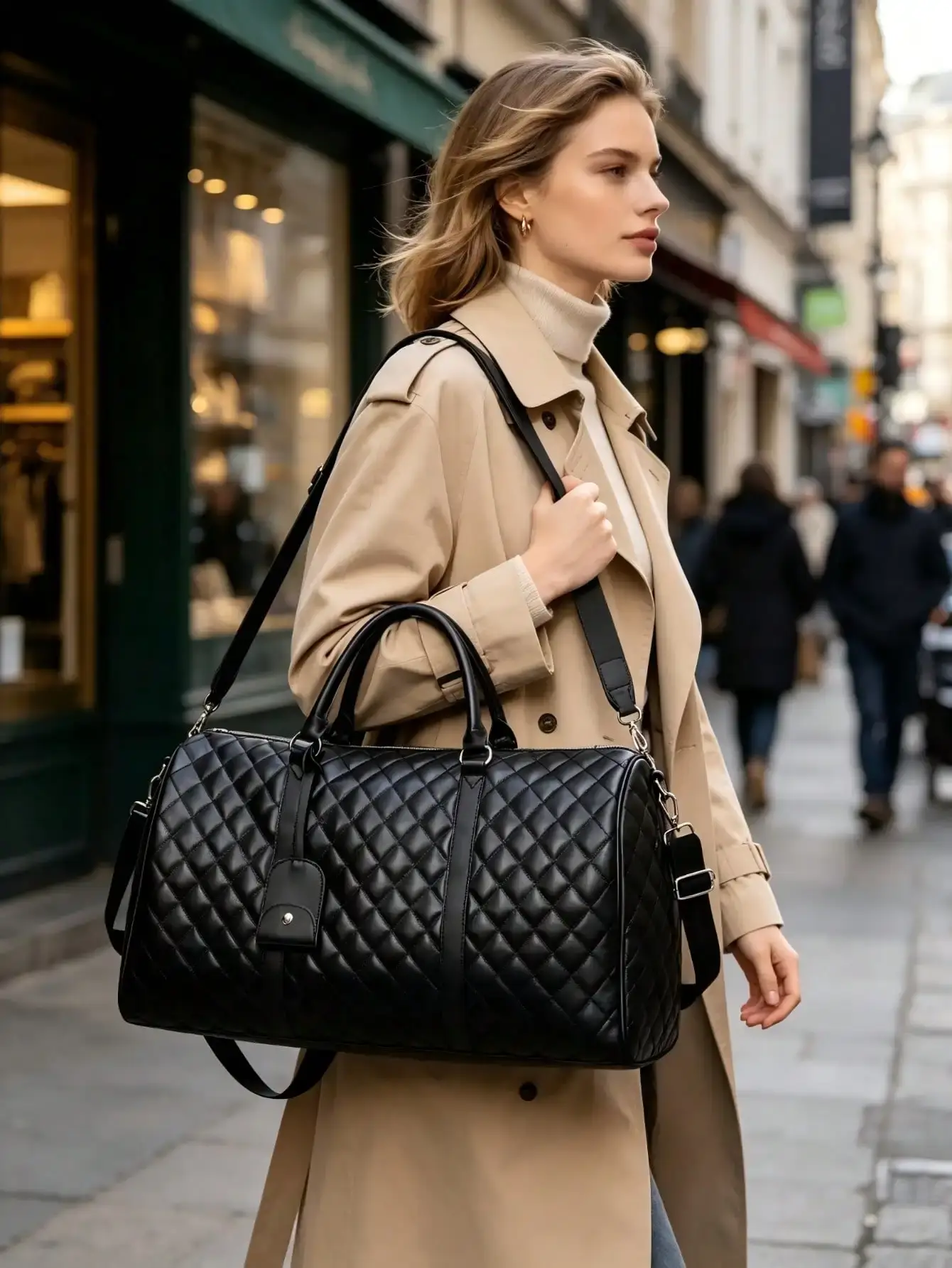 Black travel duffle bag carried over the shoulder for short trips and overnight travel