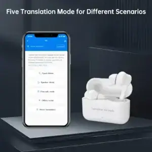 Language translation earbuds beside smartphone app for multilingual travel conversations