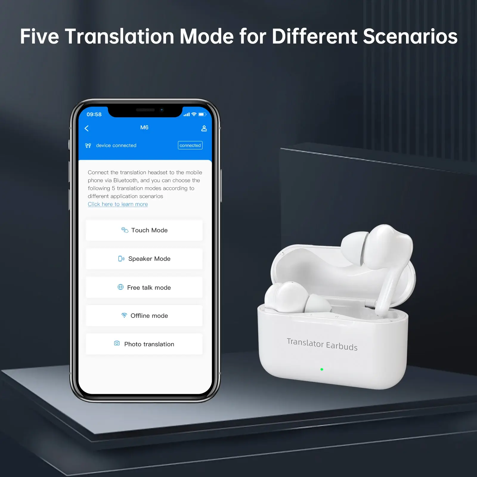 Language translation earbuds beside smartphone app for multilingual travel conversations