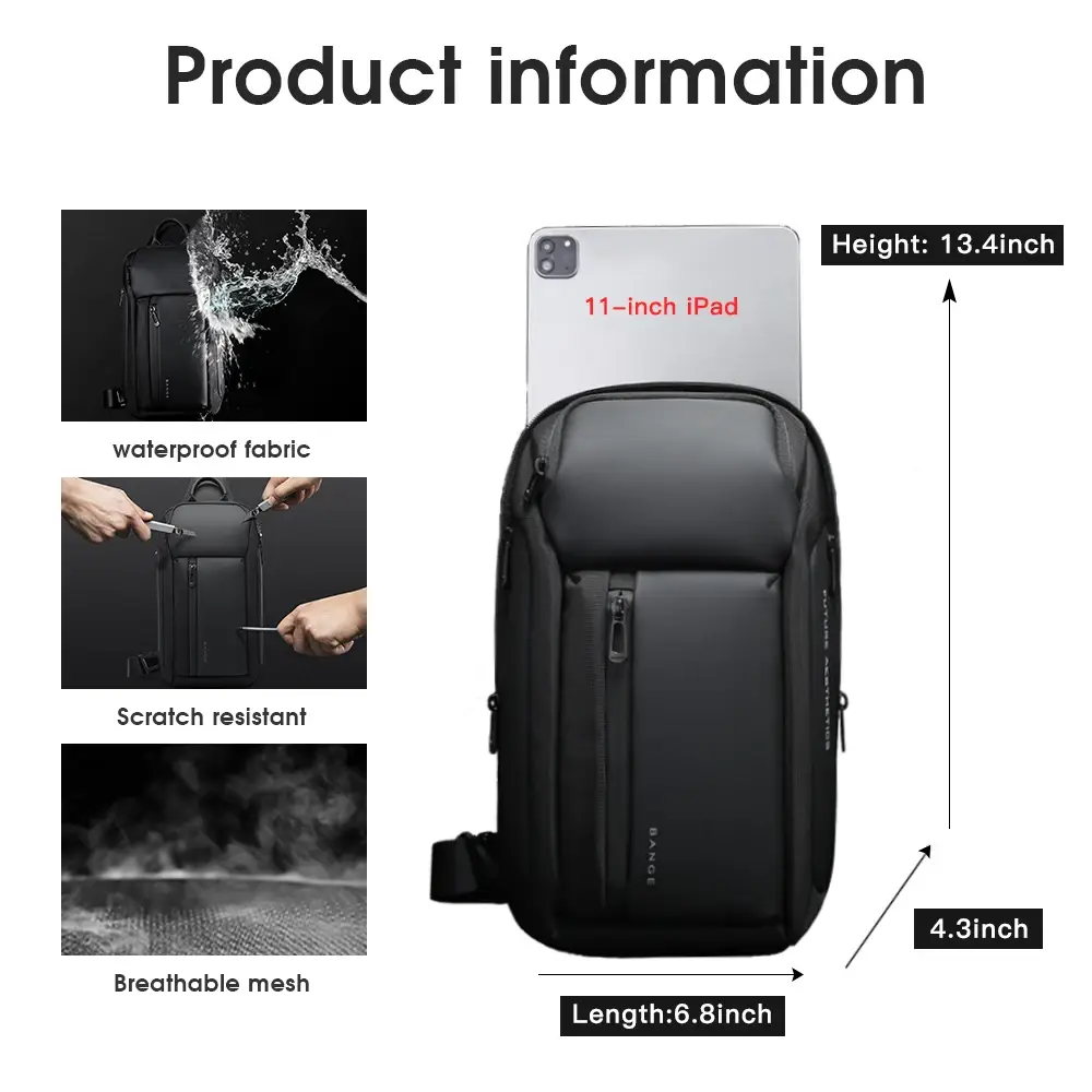 Bange waterproof chest bag size and material diagram for travel crossbody bag