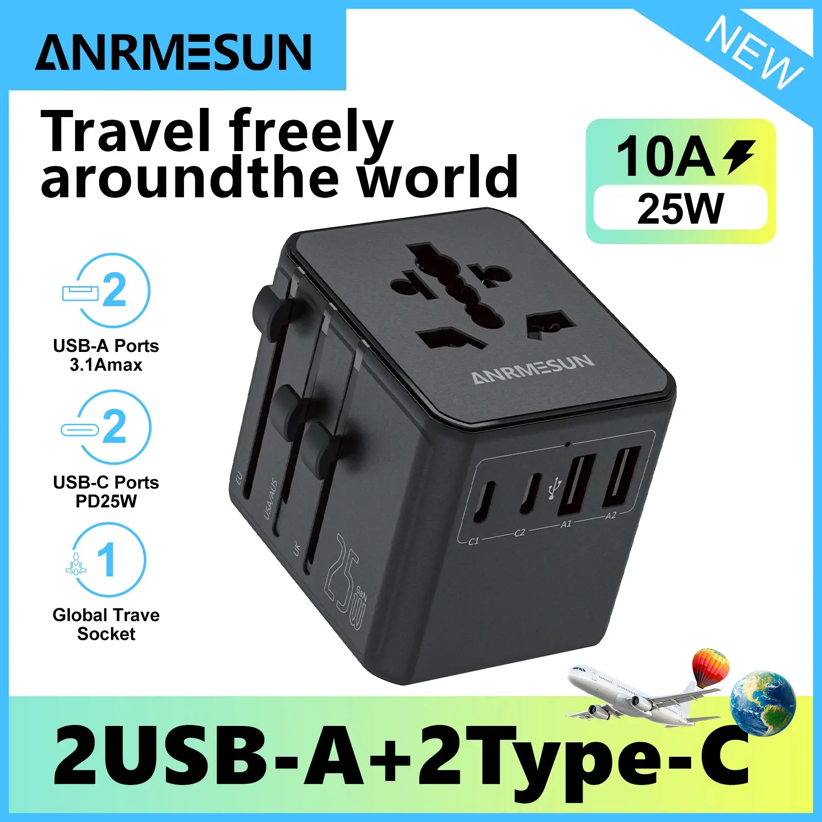 Universal travel adapter plug options for EU UK US and Australia