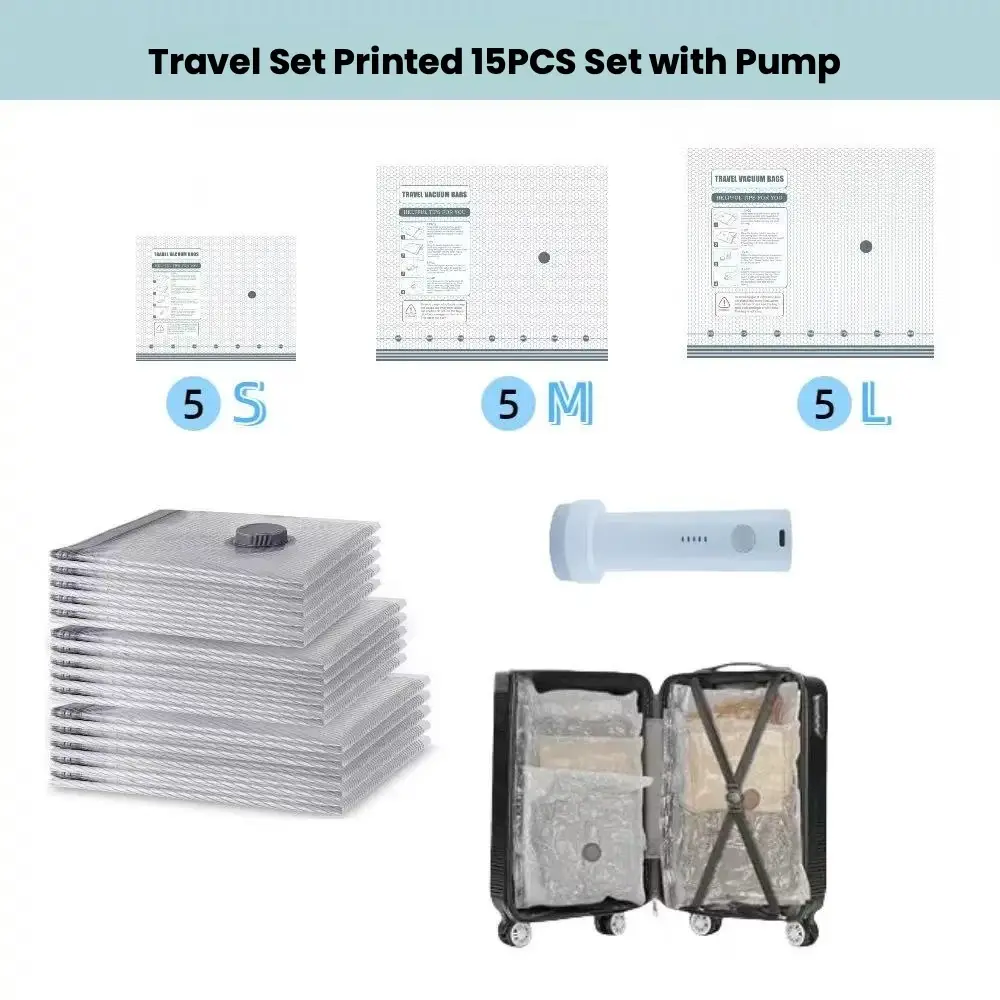15 piece vacuum compression storage bag set with portable air pump