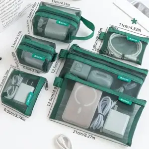 Green mesh travel organizer pouch set in multiple sizes for cables chargers and accessories