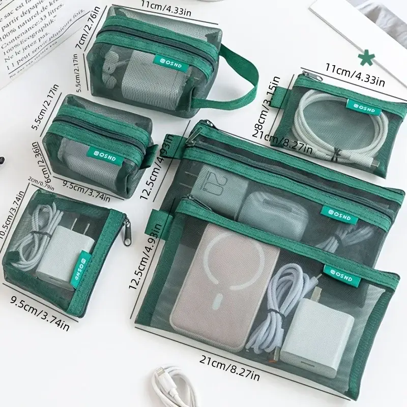 Green mesh travel organizer pouch set in multiple sizes for cables chargers and accessories