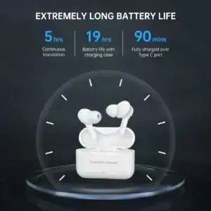 AI translation earbuds with charging case battery graphic for travel use