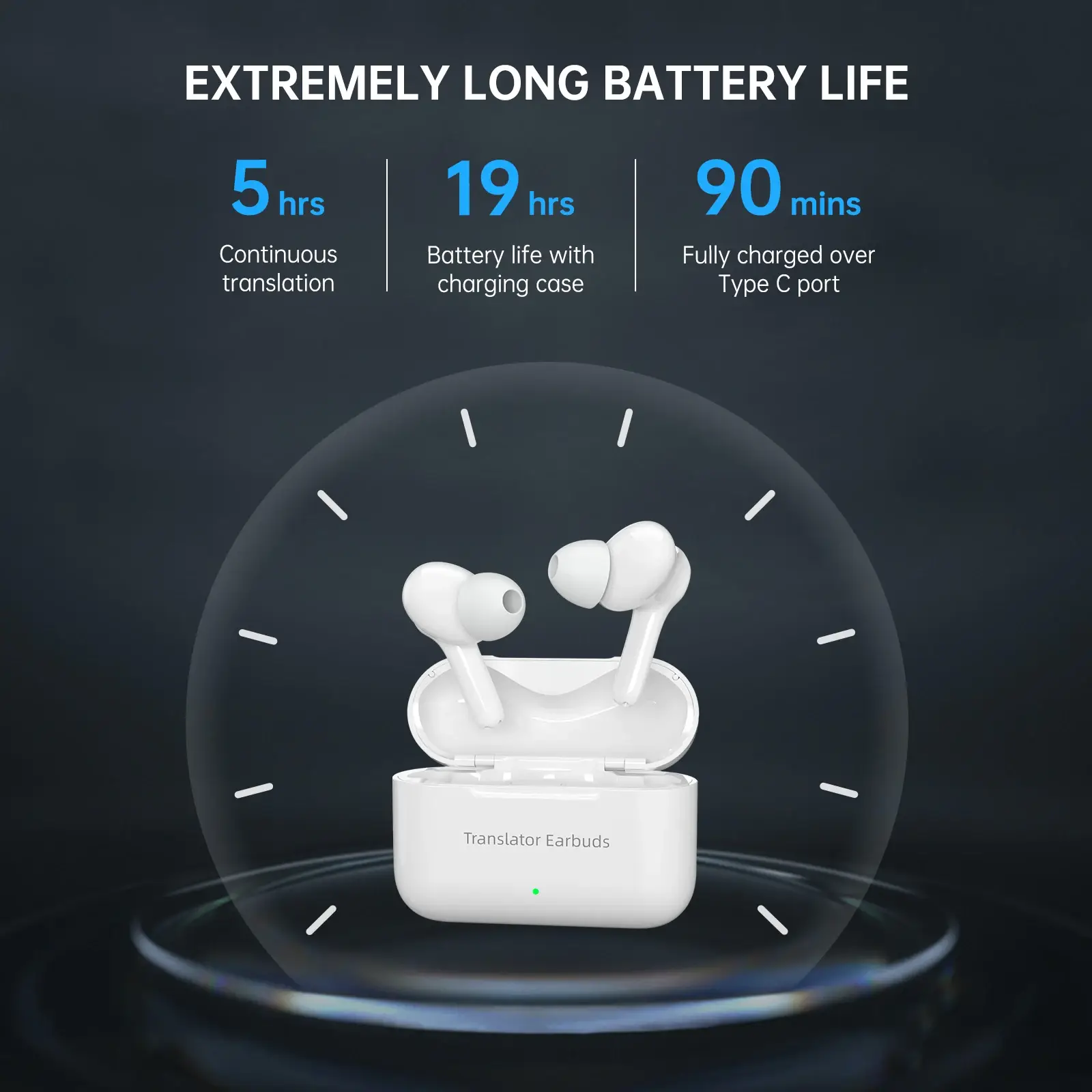 AI translation earbuds with charging case battery graphic for travel use