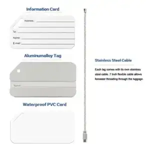 Travel ID tag components with aluminum tag insert cover and cable loop