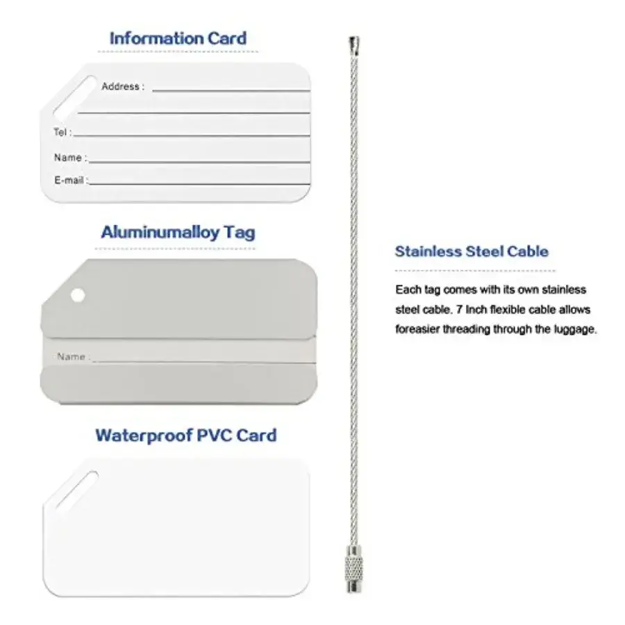 Travel ID tag components with aluminum tag insert cover and cable loop