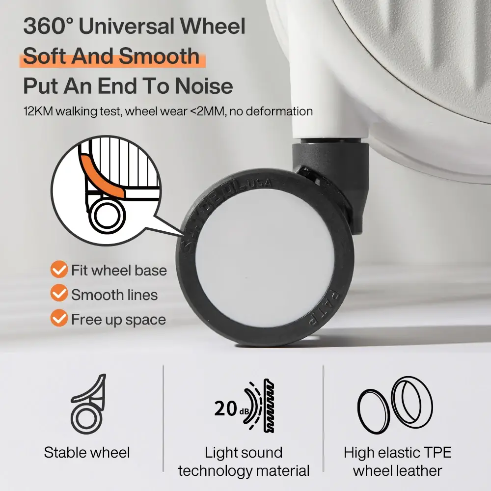 Mixi hard shell suitcase close-up of smooth spinner wheel for travel luggage