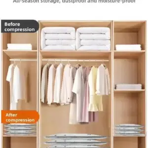 Vacuum compression storage bags used in a closet for clothing and soft-item storage