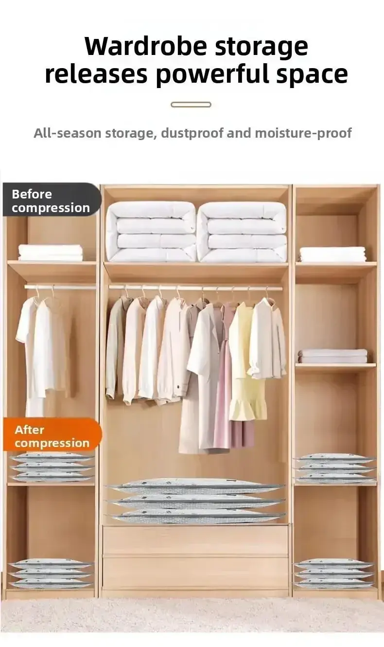 Vacuum compression storage bags used in a closet for clothing and soft-item storage
