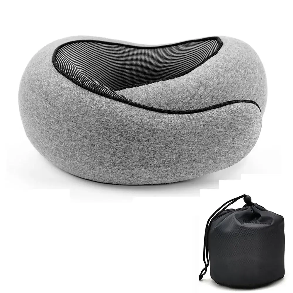 Travel Neck Pillow Memory Foam — grey neck pillow and carry bag