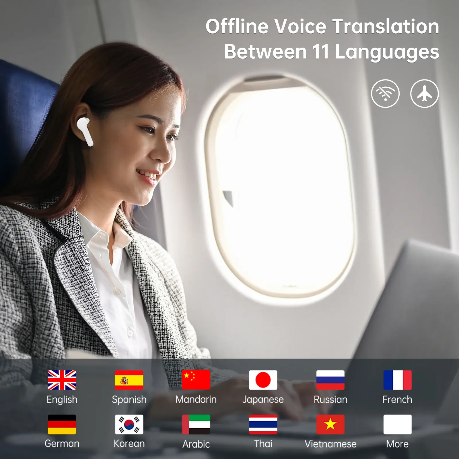 AI translation earbuds for international air travel with passenger and multilingual translation graphic