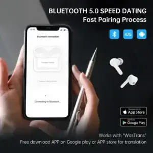 Bluetooth translator earbuds pairing with smartphone for multilingual travel communication