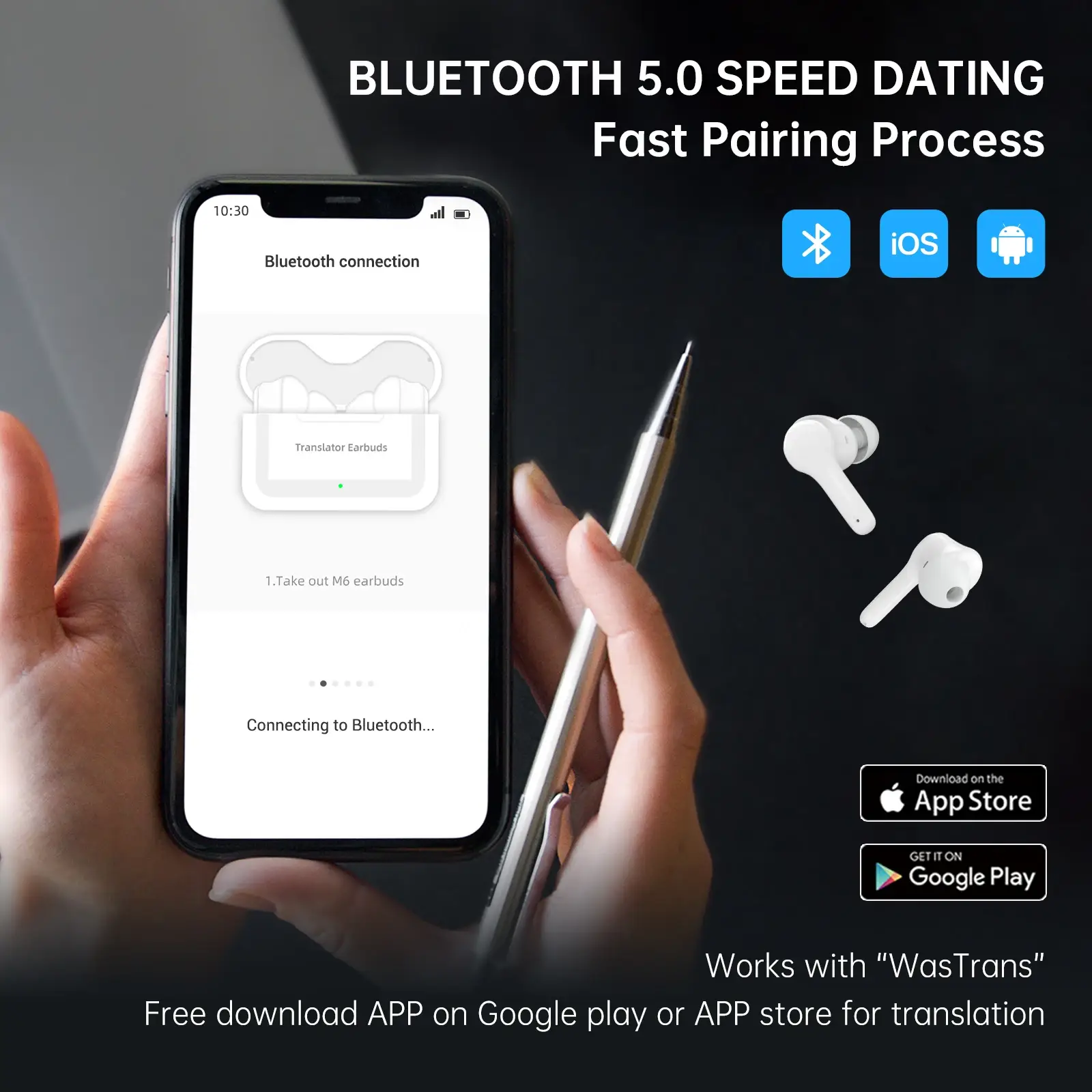 Bluetooth translator earbuds pairing with smartphone for multilingual travel communication