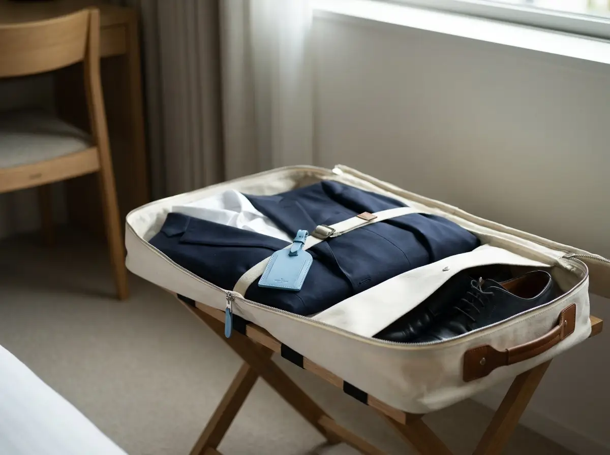 Navy suit secured inside an open garment bag with a luggage tag