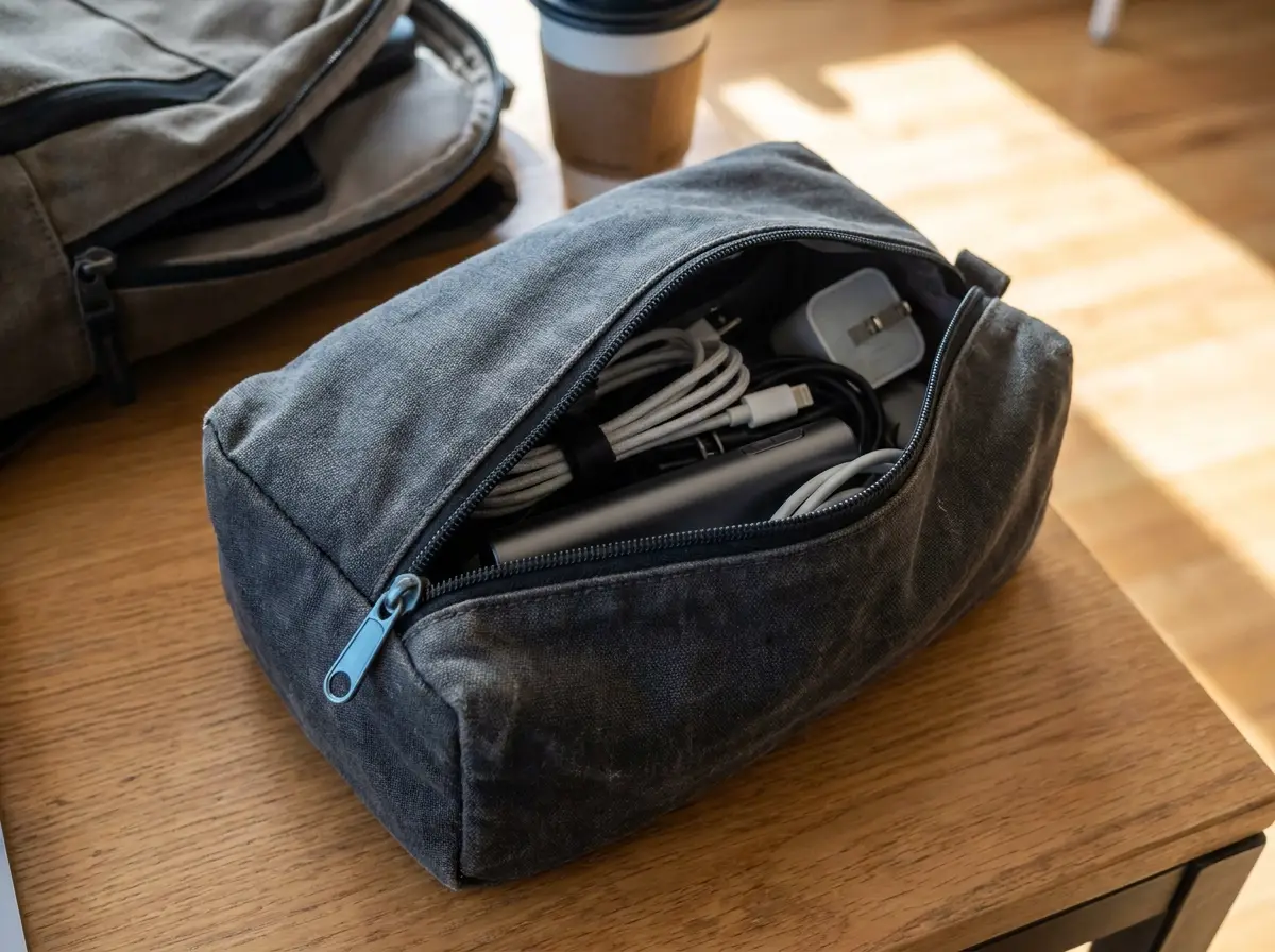 Travel electronics organizer pouch for cables and chargers