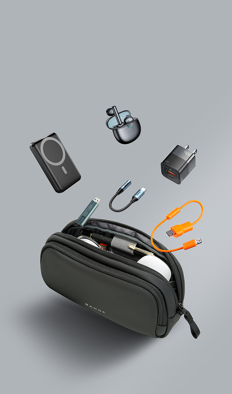 Open BANGE electronics organizer with cables, a charger, earbuds and a power bank