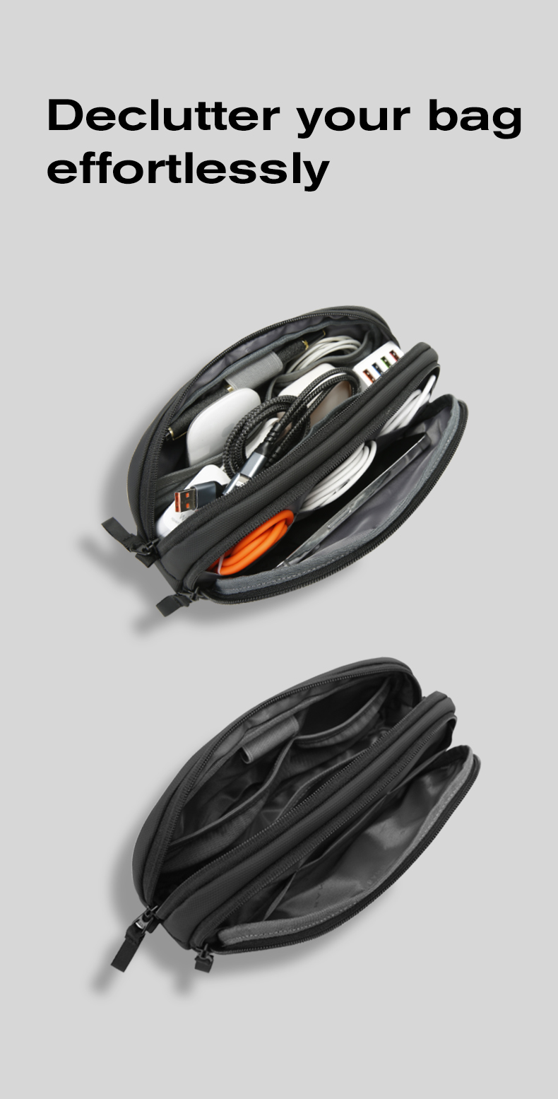 Packed and empty BANGE electronics organizers showing interior compartments