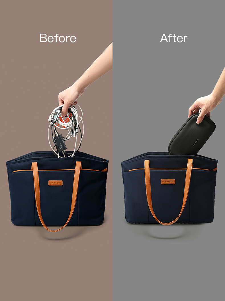 Tote bag comparison showing loose cables and a packed BANGE organizer