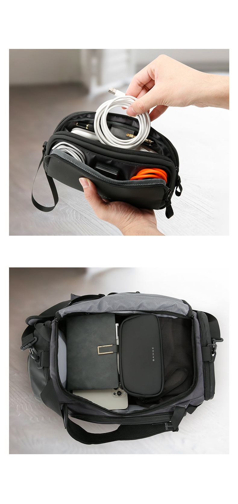 Hands placing a cable in a BANGE organizer and an organizer packed inside a backpack