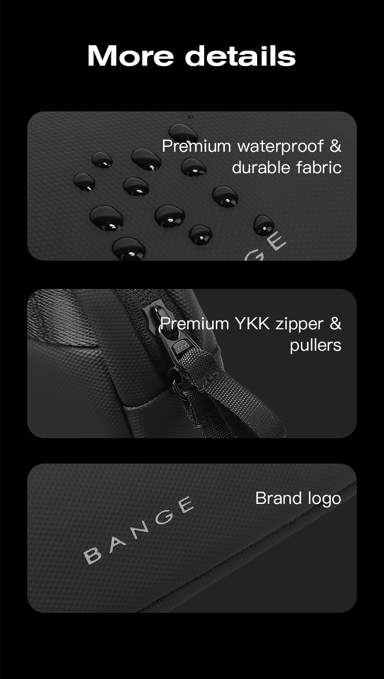 Close-ups of water droplets, zipper pull tabs and the BANGE logo on the organizer