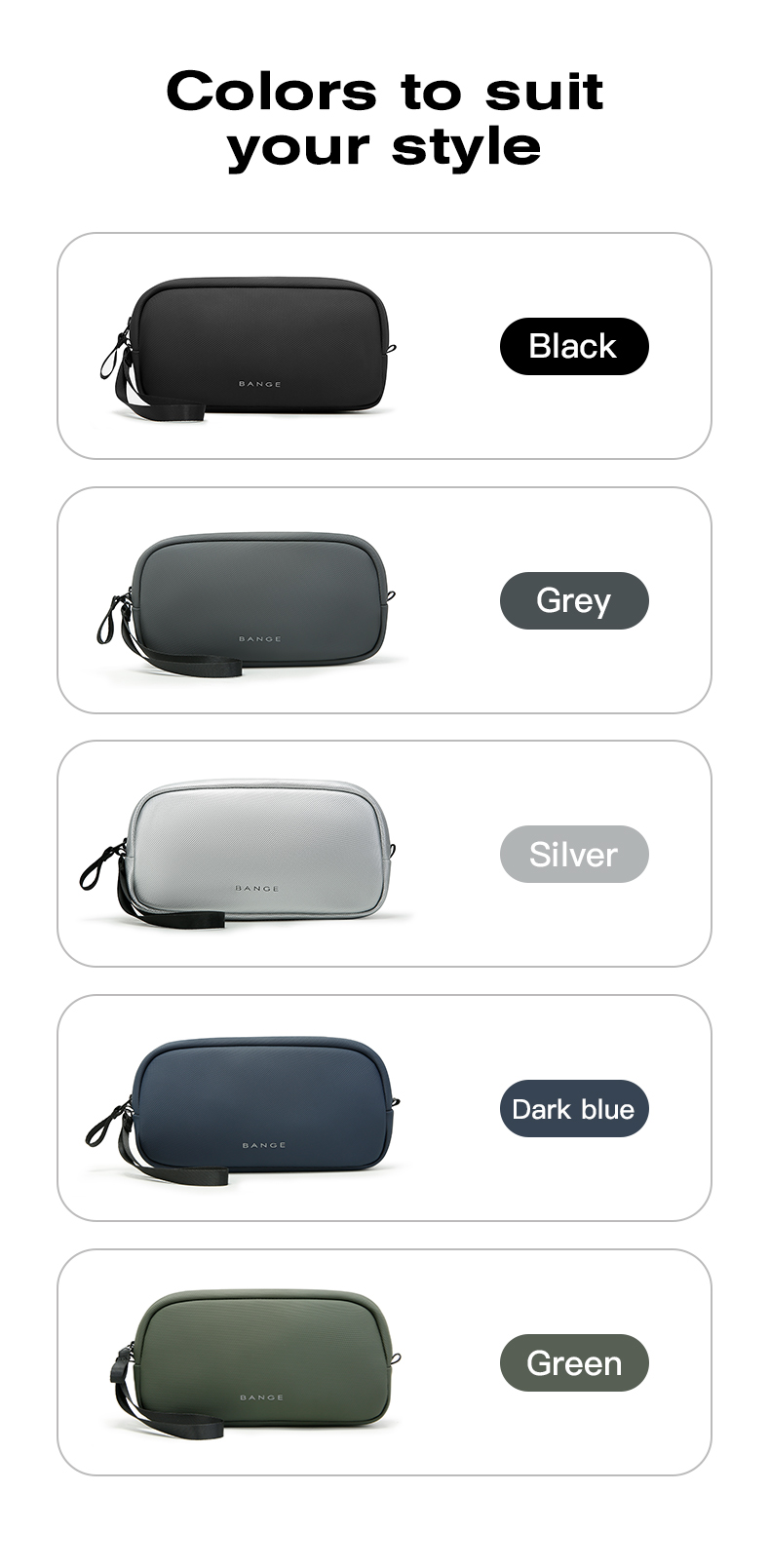 BANGE organizer color chart showing black, grey, silver, dark blue and green