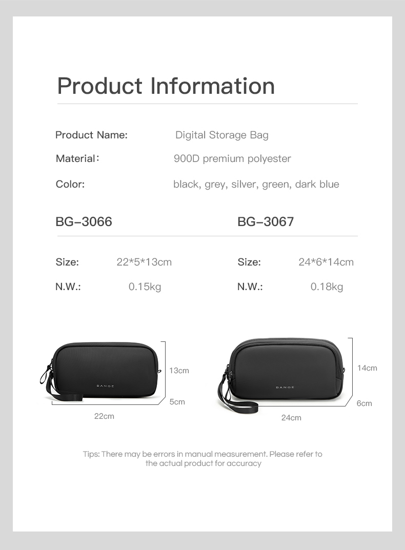 Supplier size chart: BG-3066 at 22 by 5 by 13 cm and BG-3067 at 24 by 6 by 14 cm