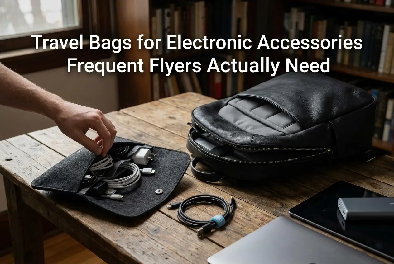 Open cable organizer and black travel backpack on a wooden table, with a travel electronics bags headline.