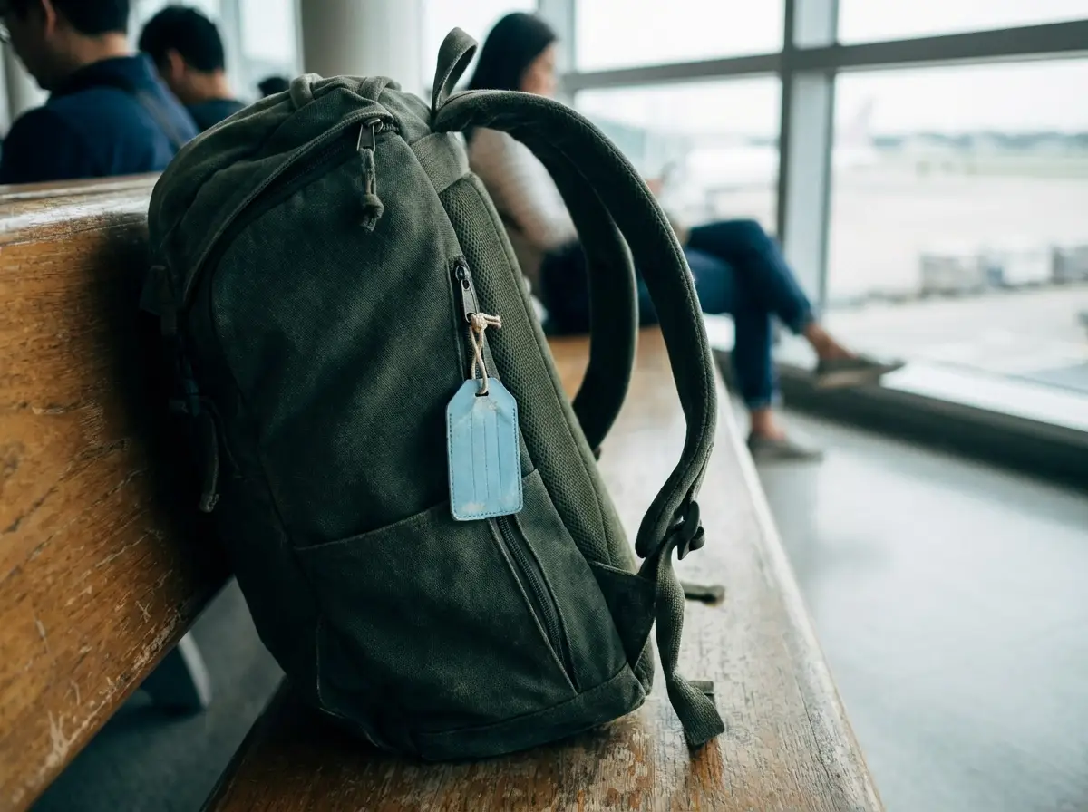 Travel backpack with shoulder straps and luggage tag resting on a station bench before a train journey