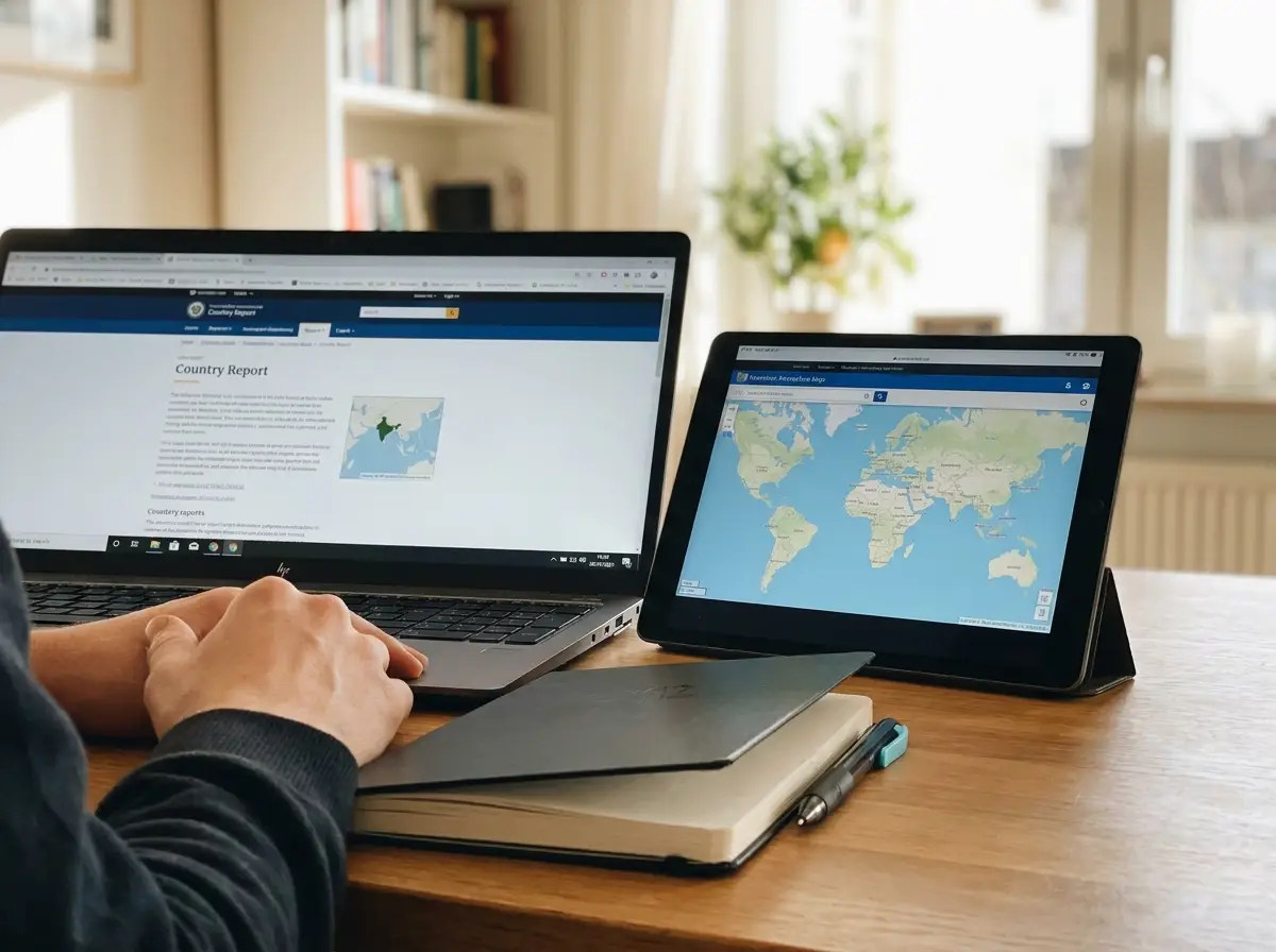 Traveler researching a country report on a laptop beside a tablet showing a world map