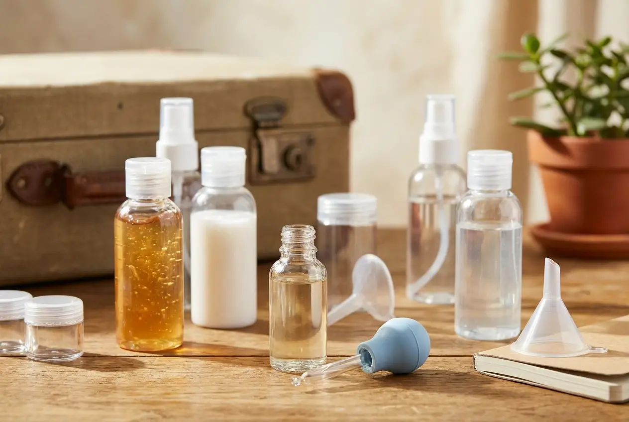Professional header image for educational tutorial: Refillable Travel Bottles That Don't Leak: A Matching Guide