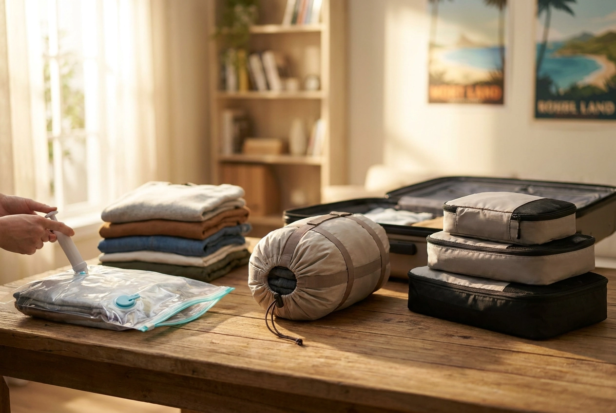 Professional header image for comparison analysis: Vacuum vs Compression Bags vs Packing Cubes: What Each Ruins