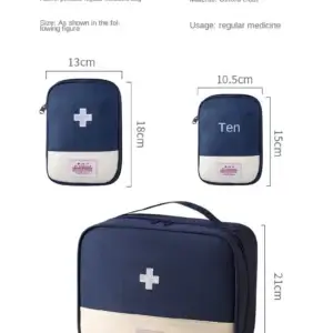 Navy medical storage bag and two pouches with centimeter measurements