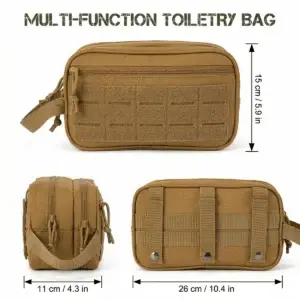 Front side and rear views of a tan toiletry pouch with a dimension diagram