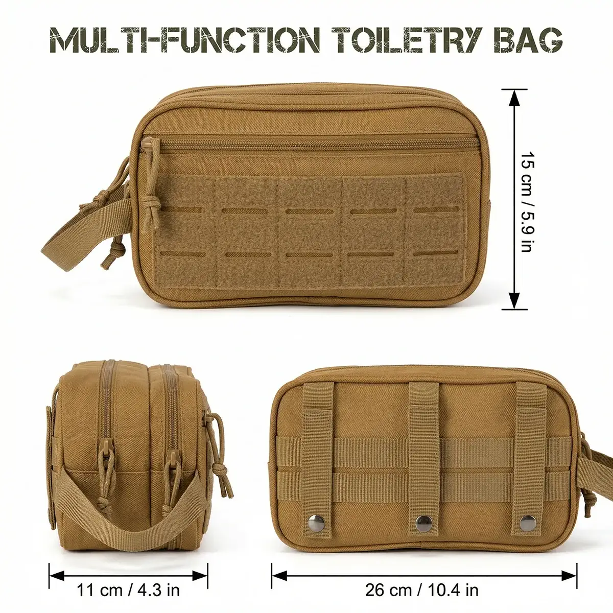 Front side and rear views of a tan toiletry pouch with a dimension diagram