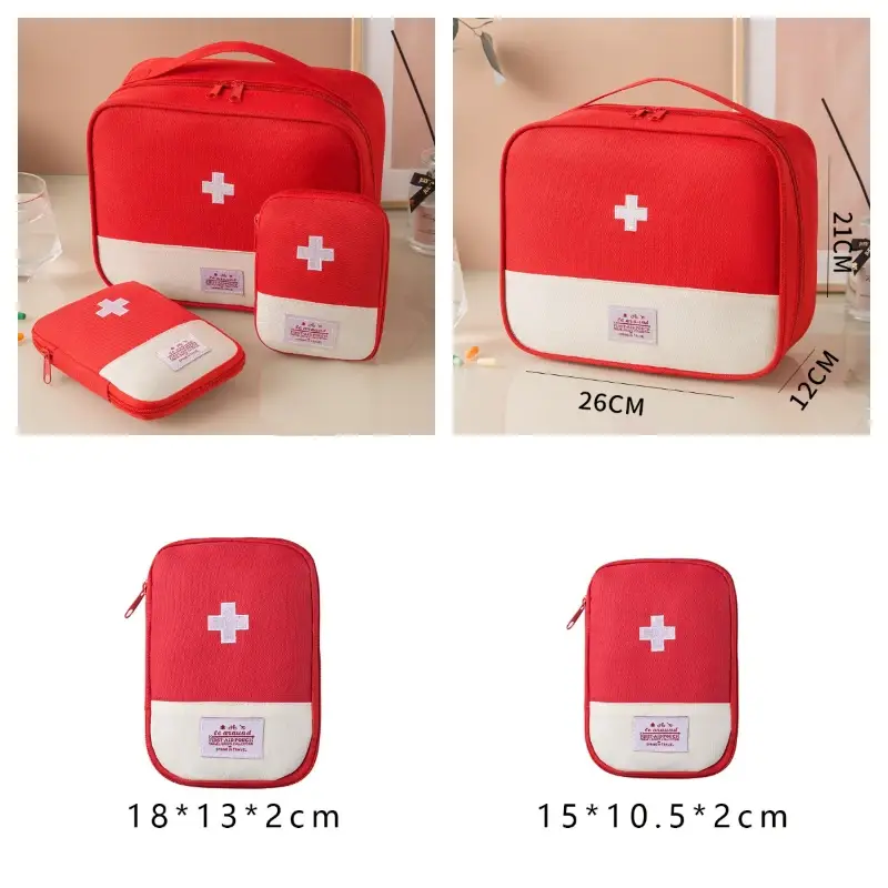 Red medical first aid bag and two pouches with dimensions in centimeters