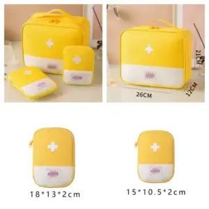 Yellow medical first aid bag and two pouches with centimeter size labels