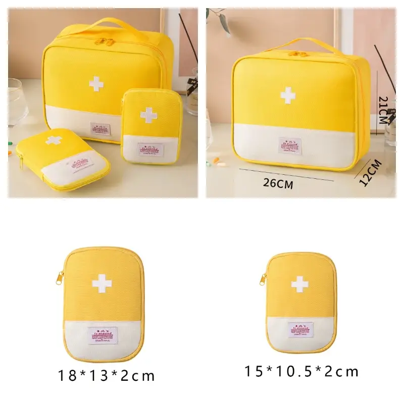 Yellow medical first aid bag and two pouches with centimeter size labels
