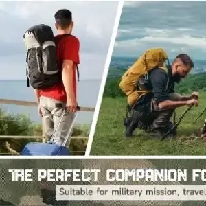Tan organizer pouch beside a collage of people traveling camping and carrying outdoor gear