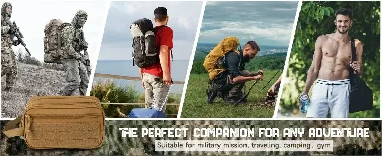 Tan organizer pouch beside a collage of people traveling camping and carrying outdoor gear