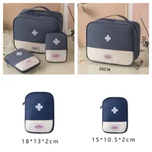 Navy medical first aid bag and two pouches with dimensions in centimeters