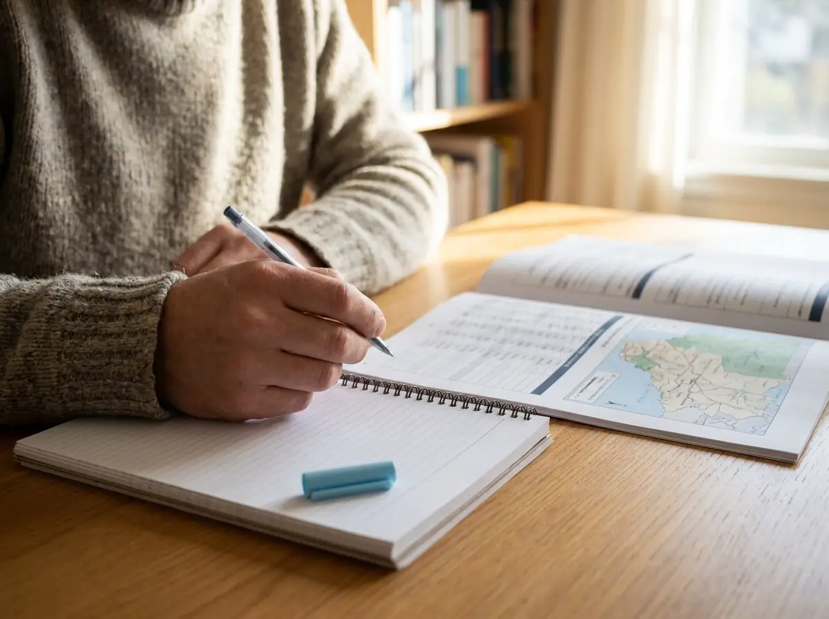 Person writing itinerary notes beside an open guidebook with a map