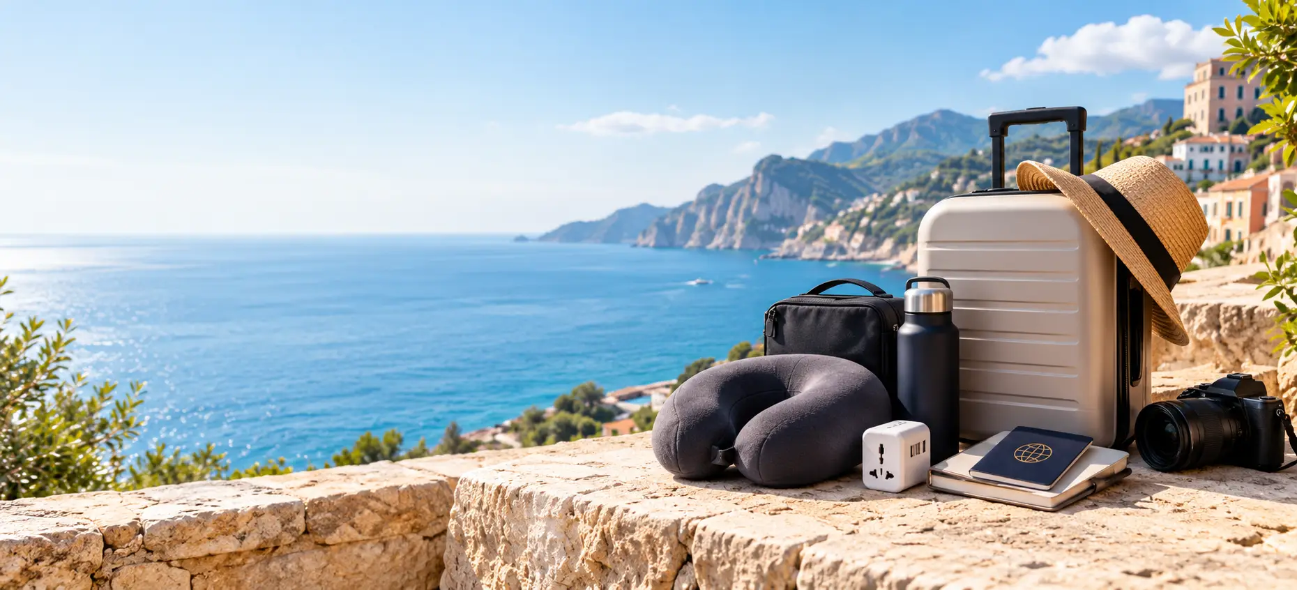 Suitcase, travel neck pillow, toiletry bag and charging adapter overlooking a coastal bay