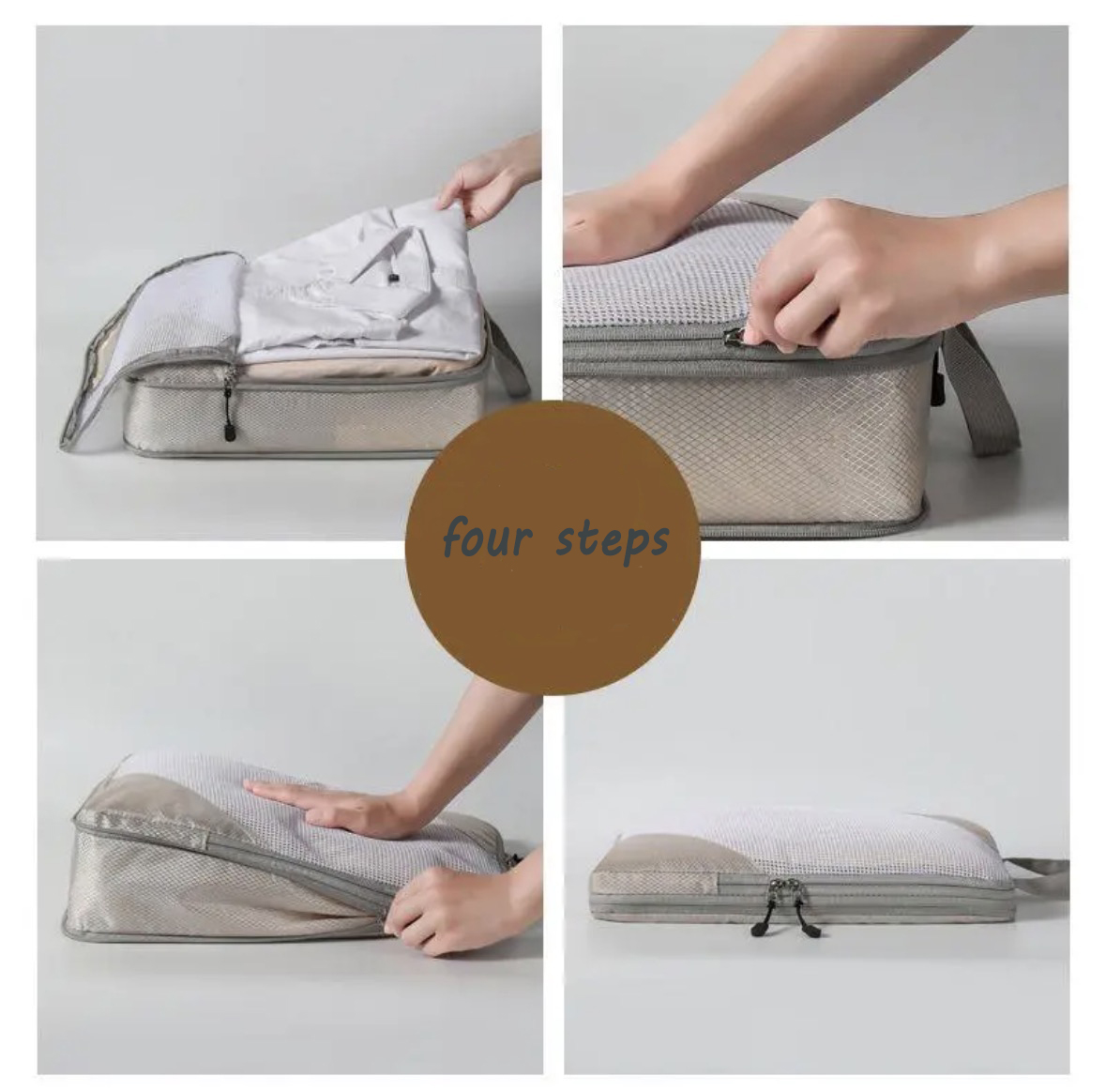 Four-step demonstration of compressing a packing cube with its zipper