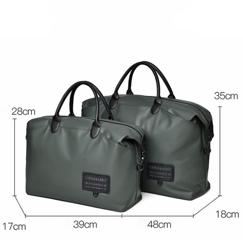 Small and large men’s travel tote bags with listed dimensions