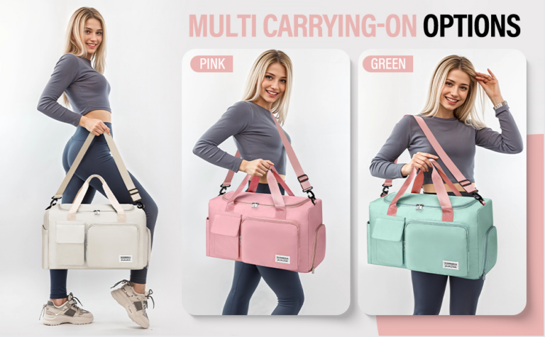 Weekender bag shown with shoulder strap and top handles