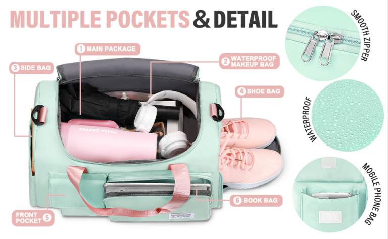 Weekender bag compartments labeled for shoes, toiletries and books