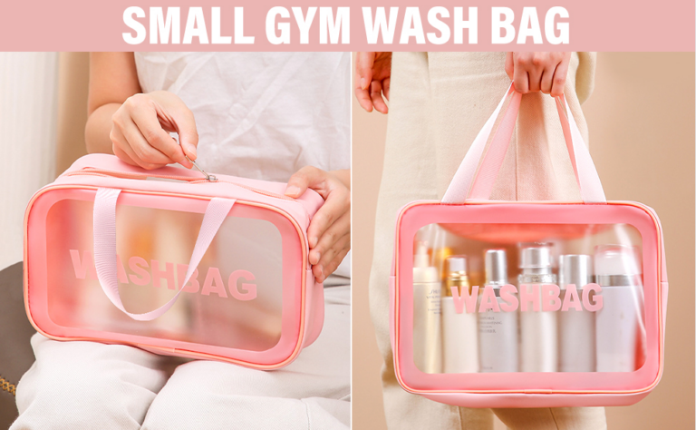 Removable pink wash bag holding travel toiletries